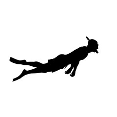 Fototapeta premium Diver silhouette swimming underwater with snorkel and fins in black and white style