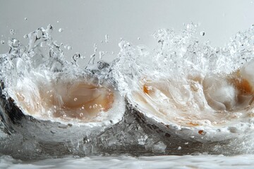 Coconut shell halves splash dramatically in water with crystal clear droplets frozen in motion on a white background, perfect for tropical freshness themes