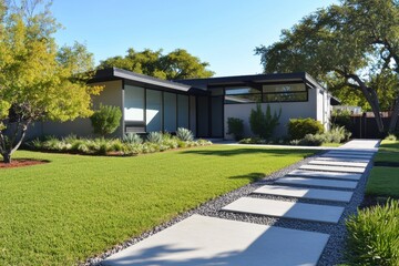 Fototapeta premium Modern home with a green lawn and a stone pathway leading to the front door on a sunny day