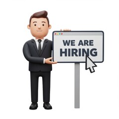 Cartoon man holding hiring sign on white background