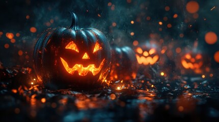 Spooky Halloween Jack o  lanterns Glowing in Dark Night
