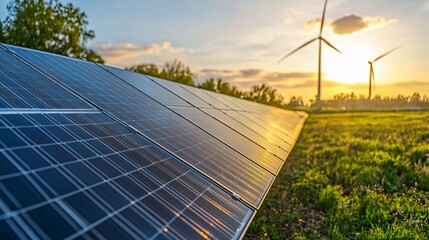 Solar panels and wind turbines in a field at sunset renewable energy.