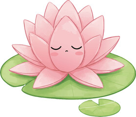 Sleepy Cartoon Lotus Flower Resting on a Lily Pad
