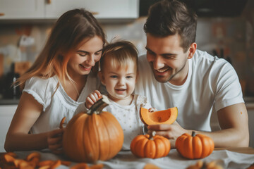  Happy family with little kids preparing pumpkins