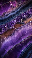 Obraz premium Macro shot of natural Amethyst gem or mineral texture background, organic stones patterns and colors. Abstract geological ornaments unique structures, AI generated
