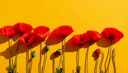 Obraz premium Red poppies. Flat lay with red poppy flowers on yellow background. Red common poppy yellow 