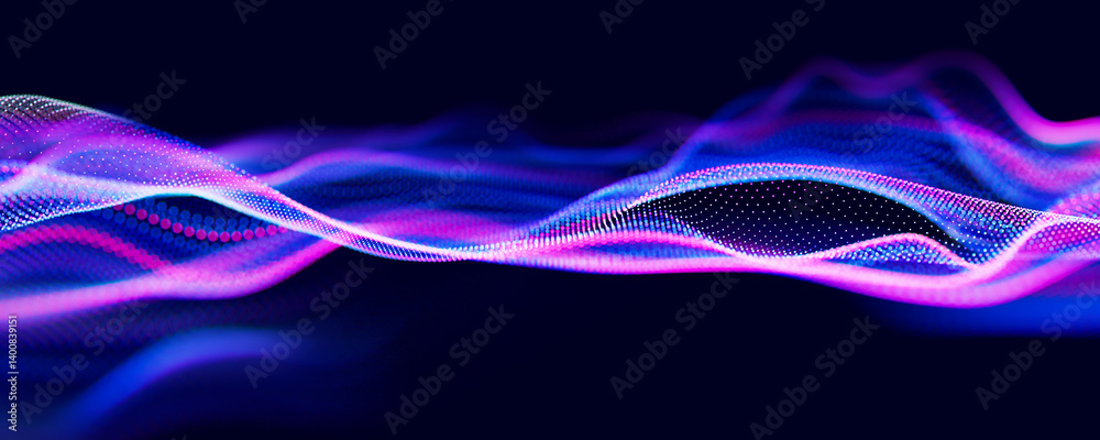 Poster Abstract wave of particles. Big data digital flow concept. LLM learning process, AI technology. Quantum computing. 