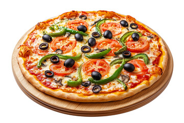 vegetarian pizza with sliced tomatoes, mushrooms, black olives, cut out transparent background, png