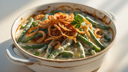 Creamy green bean casserole, a comforting Thanksgiving classic, crowned with crispy fried onions, bathed in warm sunlight