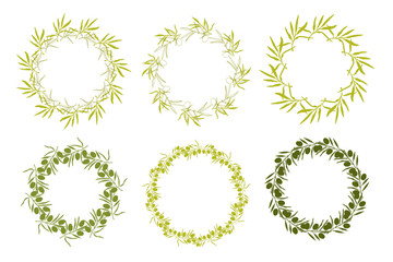 olive branch wreath round frame set, simple olive branches, olive leaf frames, vector set of green leaves.