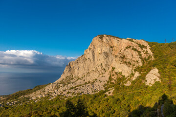 Fototapeta premium A monumental rock on the southern coast of Crimea is illuminated by bright sunlight against a clear blue sky. In the foreground is a dense green forest, 