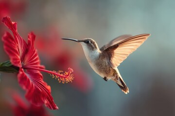 Fototapeta premium A hummingbird hovers gracefully, wings blurred, near a vibrant red hibiscus blossom at golden hour, capturing a moment of delicate beauty.