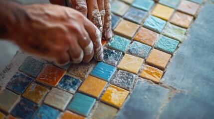 Tiler installing mosaic tiles in a bathroom. Featuring artistry and technique