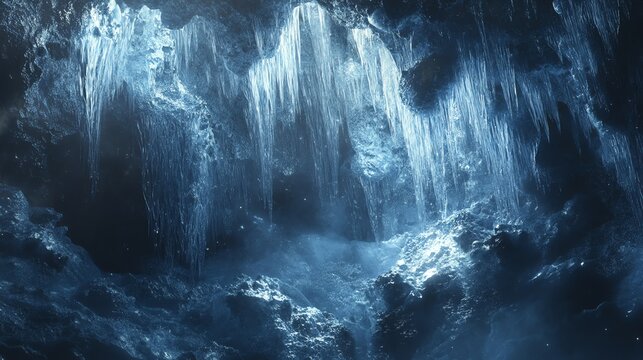 Exploring an Ice Cave with Frozen Icicles and Blue Light Atmosphere