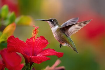 Fototapeta premium A vibrant hummingbird hovers delicately near a scarlet hibiscus blossom, wings blurred in motion, captured in golden hour light.