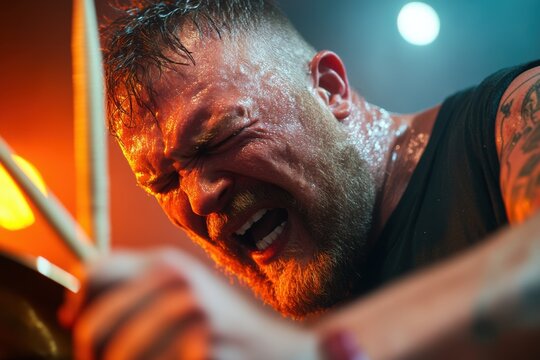 Intense drummer captivates audience with electrifying performance in a vibrant music venue during a late night show