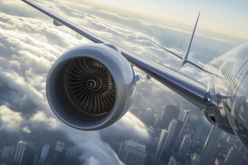 A commercial airliner soars through a vibrant blue sky, showcasing intricate engine details with a blurred background, captured with crisp focus and minimal noise.
