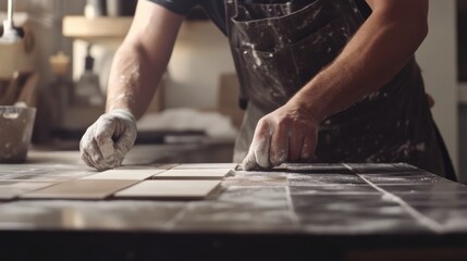 Tiler laying tiles in a kitchen for a backsplash design. Featuring design and expertise