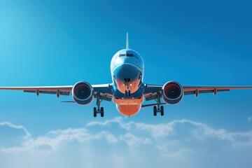 Naklejka premium A commercial airliner soars through a pristine blue sky, showcasing detailed engines and crisp focus in a dynamic aviation photograph.