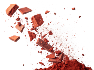 flying pieces and powder of broken red brick on white background, PNG