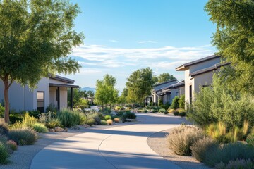 Fototapeta premium A residential street with modern homes and desert landscaping under a bright blue sky on a sunny day