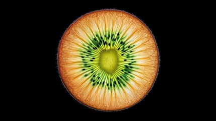 Close-up view of a sliced kiwi revealing its vibrant green interior and unique texture.
