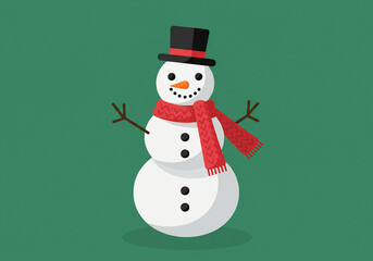 Fototapeta premium Friendly Snowman in Red Scarf and Black Hat on Green Background