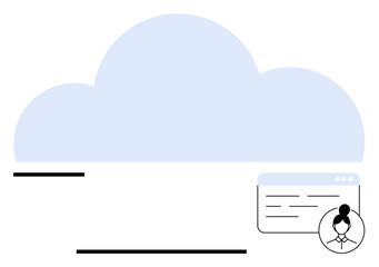 Large cloud shape representing data storage, web browser window with lines simulating text, user avatar icon. Ideal for technology, cloud computing, networking, data management, user access, online