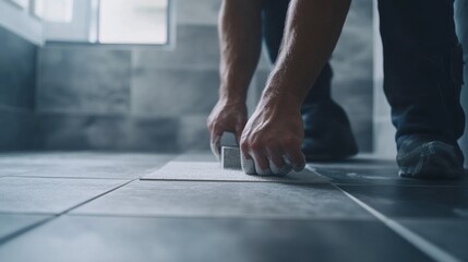 Tiler placing tiles on a bathroom floor. Featuring precision and neatness