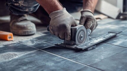 Tiler using a tile cutter for precise cuts on a floor design. Featuring accuracy and craftsmanship