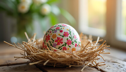 Fototapeta premium Floral Easter Egg in a Nest by Sunny Window