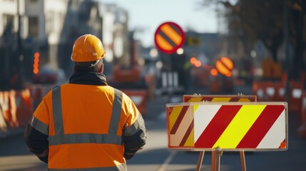 Traffic control worker adjusting signs at a road construction zone. Featuring coordination and attention to detail