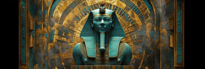 Sphinx statue with golden background featuring circular patterns in an ancient style.