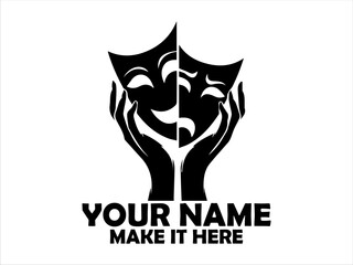 Monochromatic illustration of hands gracefully holding theatrical comedy and tragedy masks. Tatoo and logo vector design