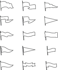 Retro pennant white and black flags icon set, banner pendants flagpoles, vector icons. Sport camp or university and varsity club pennants, blank waving flag poles, outline signs transparent background