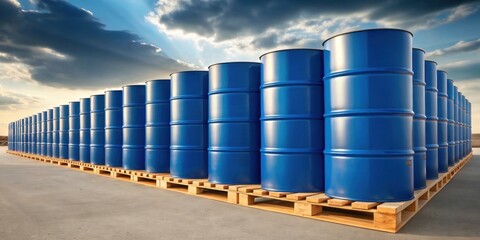 Blue industrial barrels neatly arranged on pallets under a dramatic sky.