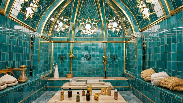Luxurious hammam with intricate design and vibrant turquoise tiles featuring elegant lighting and aromatic products
