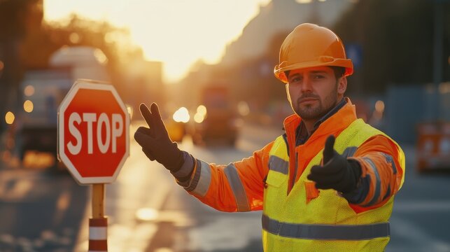 Traffic controller signaling vehicles to stop at a construction zone. Featuring safety and control