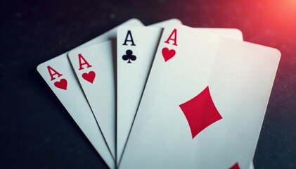 Four aces fanned out, showcasing their unique design , suit, high card