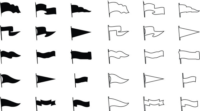 Retro pennant white and black flags icon set, banner pendants flagpoles, vector icons. Sport camp or university and varsity club pennants, blank waving flag poles, outline signs transparent background