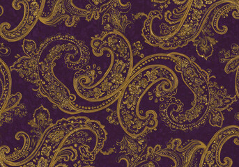 Gold and Purple Paisley Pattern Seamless Texture Background