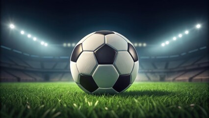 A soccer ball on a field illuminated by stadium lights, ready for a match.