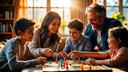 Fototapeta premium Family bonding over board games in sunlit living room