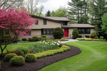 A house with a red door and a pink tree and a green lawn and a stone path and a lovely garden area