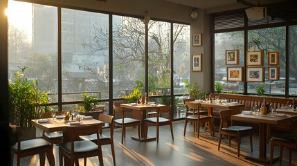 Fototapeta premium Bright And Modern Restaurant Interior With City View