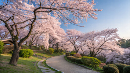 Stunning Cherry Blossoms Line a Park Path at Dawn