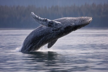 Obraz premium A humpback whale dramatically breaches the ocean surface in a natural scene, creating a splash of water and a moment of powerful grace.