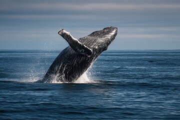 A humpback whale bursts dramatically from the ocean's surface, creating a powerful splash against a serene, neutral backdrop.