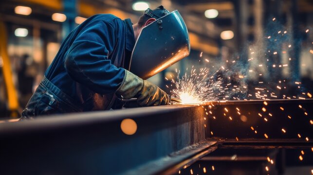 Welder securing a steel joint in a structural framework. Featuring sparks and precision