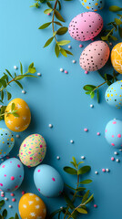 Patterned Easter eggs with green leaves and candy on blue background, festive flat lay design